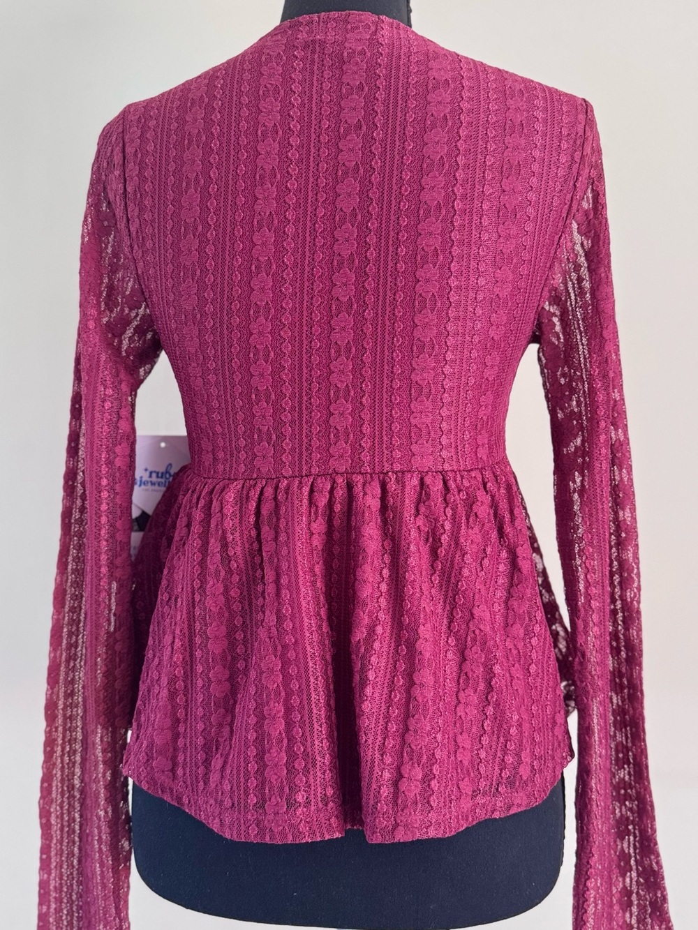 Ruby & Jewell Women's Wine Lace Peplum V-Neck Blouse - Picture 6 of 7